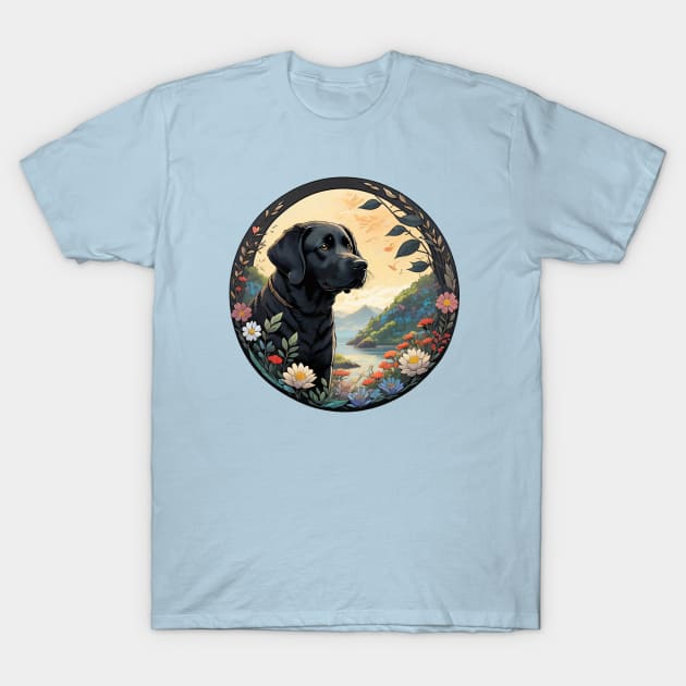 Black Lab Floral Wreath T-Shirt by Pet And Petal